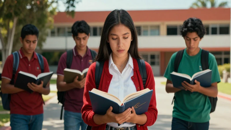 Estudiantes mexicanos en campus universitario con libro