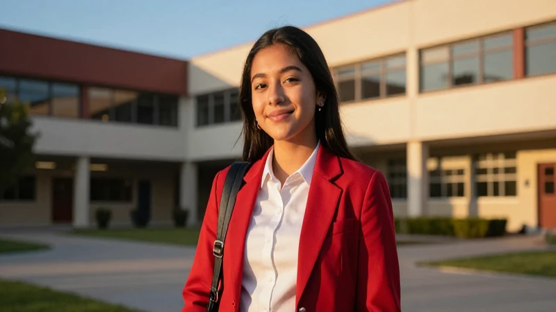 Estudiante mexicano sonríe en campus soleado y moderno