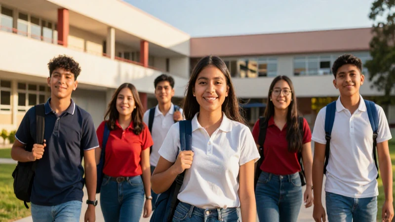 Jóvenes mexicanos sonriendo en campus soleado y moderno