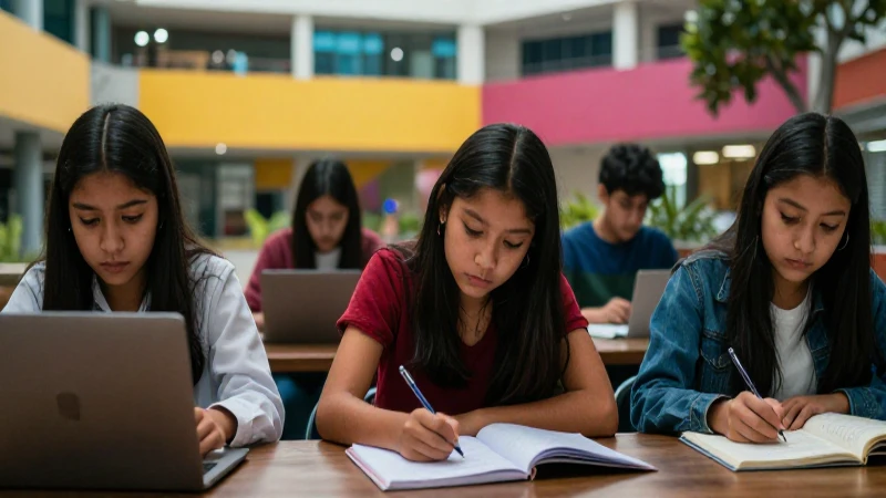 Estudiantes mexicanos estudian intensamente en campus moderno