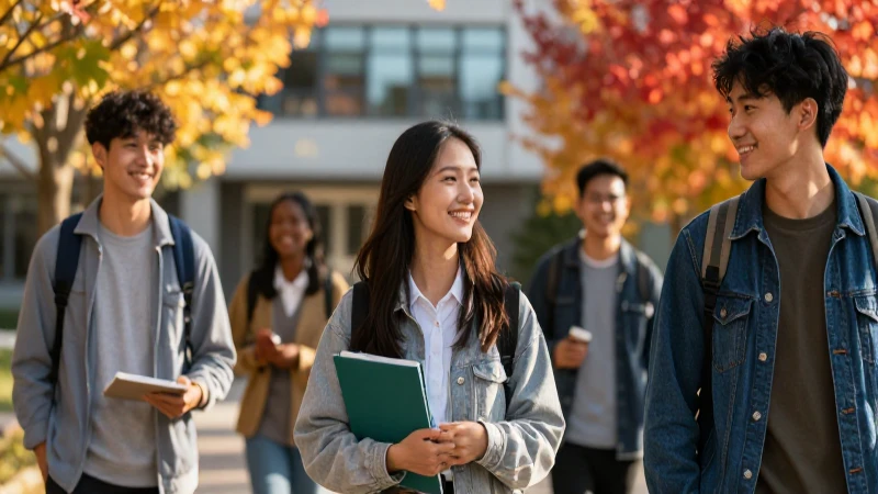 Estudiantes sonrientes en campus otoñal vibrante