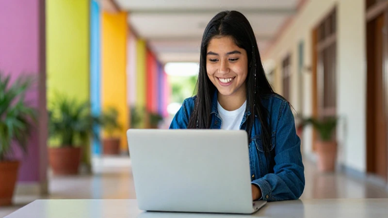 Estudiante mexicano sonriente trabaja en su laptop