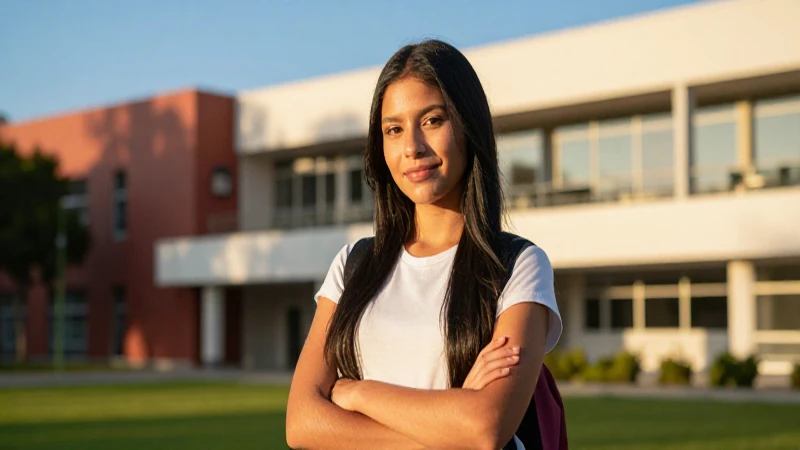 Retrato cinemático de estudiante mexicana en campus