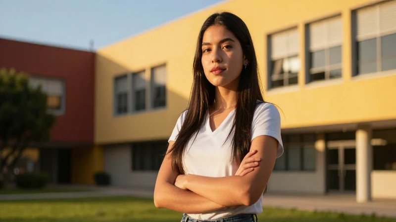 Estudiante mexicana confiada en campus vibrante