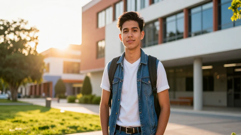 Estudiante mexicano en campus moderno, luz dorada