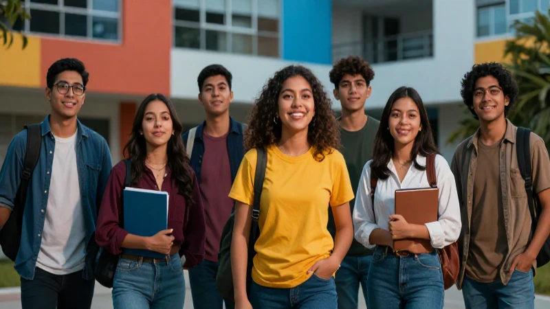 Estudiantes mexicanos entusiastas en campus vibrante
