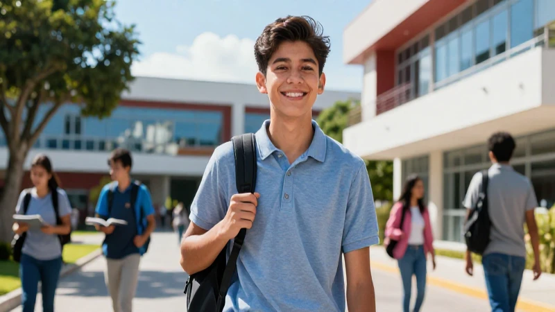 Joven estudiante mexicano sonriente en campus moderno
