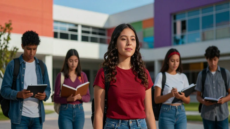 Estudiante mexicano en campus moderno y profesional