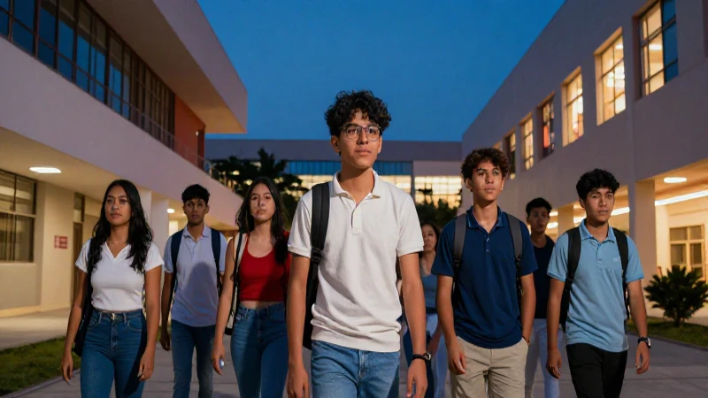 Jóvenes mexicanos en moderno campus universitario