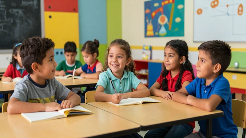 Niños mexicanos felices en aula moderna y colorida