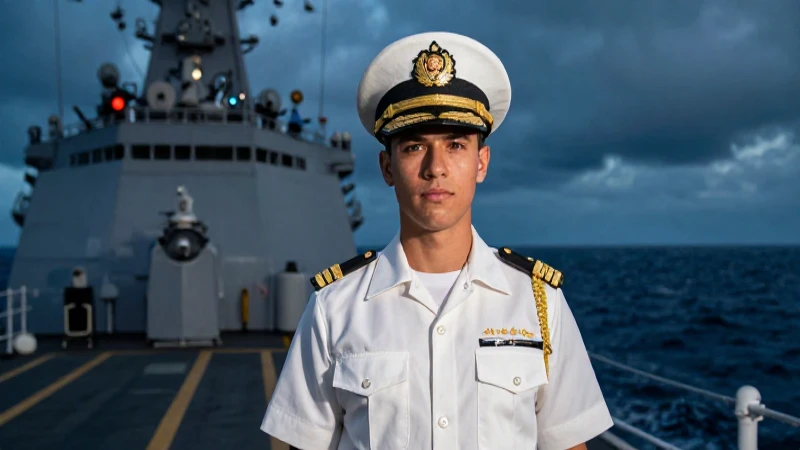 Joven cadete naval mexicano en un moderno buque de guerra