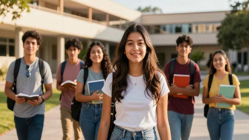 Estudiantes mexicanos ambiciosos en campus moderno