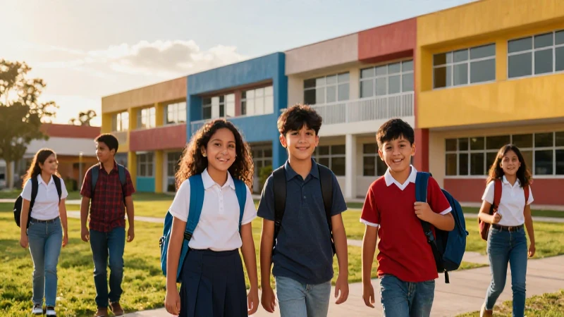 Niños mexicanos vibrantes en campus moderno
