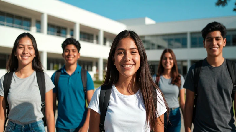 Estudiantes mexicanos sonríen en campus moderno