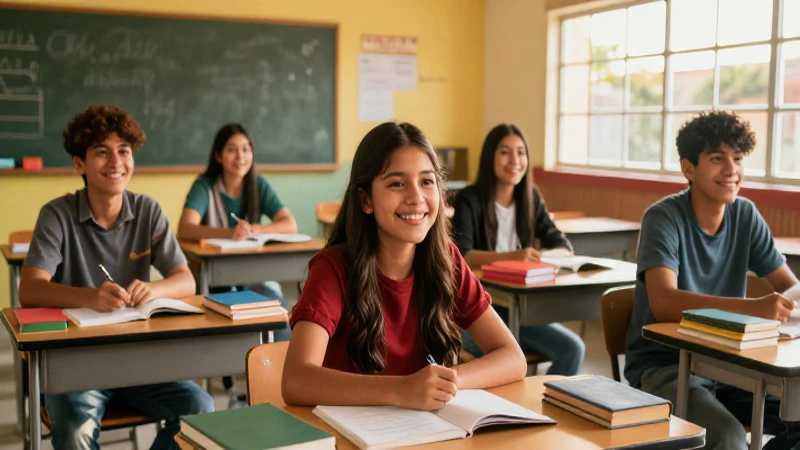 Estudiantes mexicanos en aula moderna con luz dorada