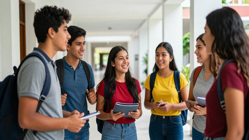 Estudiantes mexicanos sonriendo en moderno pasillo universitario