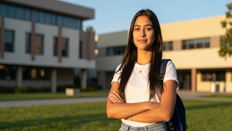 Joven mexicana segura en campus académico moderno