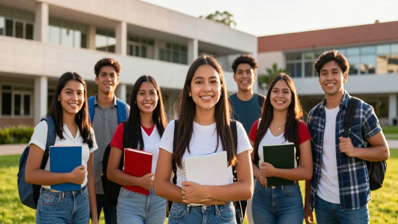 Estudiantes mexicanos en campus bajo luz dorada