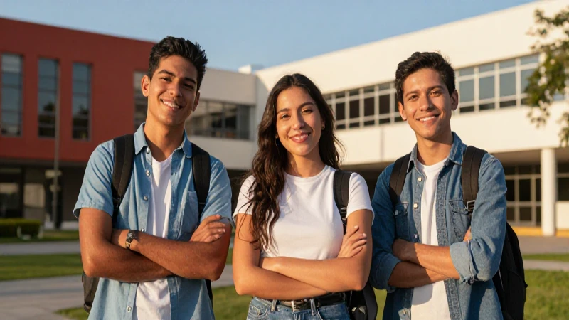 Estudiantes mexicanos sonriendo en campus moderno