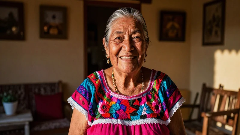 Mujer anciana feliz en México, alegría y seguridad