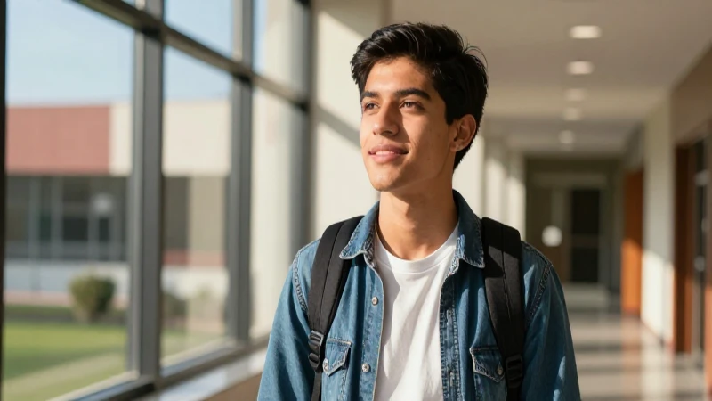 Joven mexicano esperanzado en campus moderno