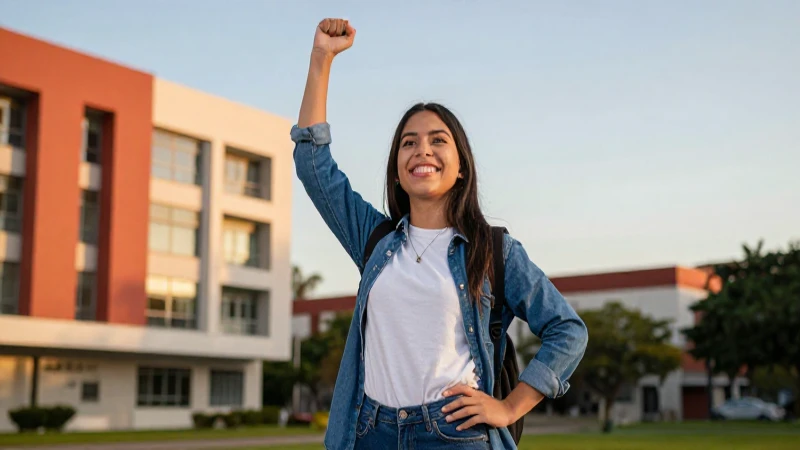 Estudiante mexicano triunfante en campus moderno