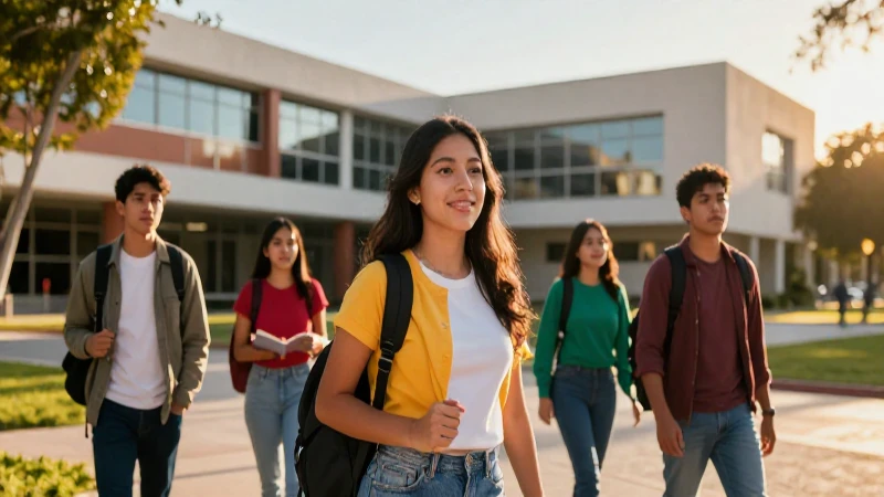 Estudiantes mexicanos en campus moderno y luz dorada