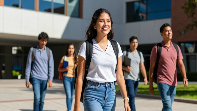 Estudiante sonriente camina por un campus vibrante