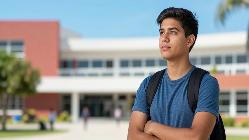 Estudiante mexicano confiado en campus, estilo épico