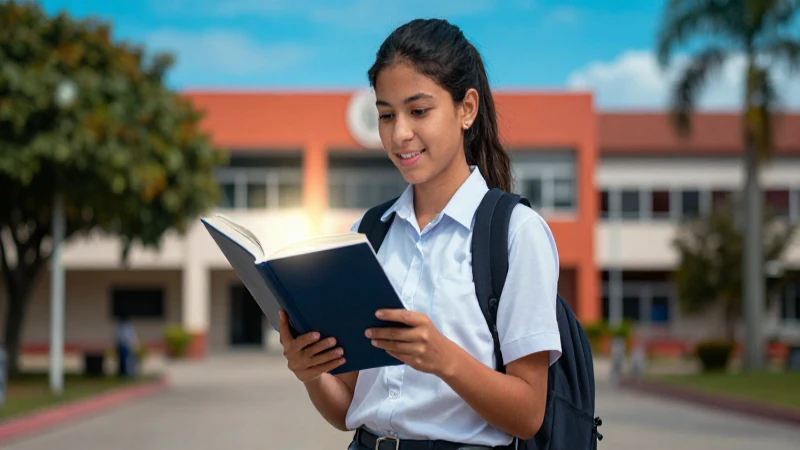 Estudiante mexicano con libro brillante en campus vibrante