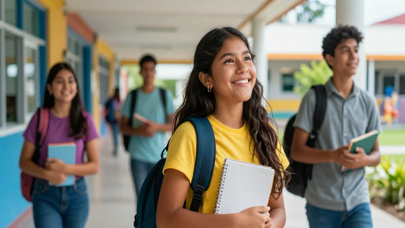 Estudiante mexicano optimista en pasillo escolar