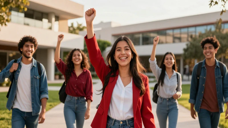 Estudiantes mexicanos celebrando con éxito en un campus vibrante