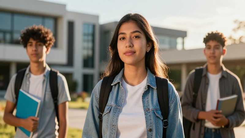 Joven mexicana en universidad al atardecer