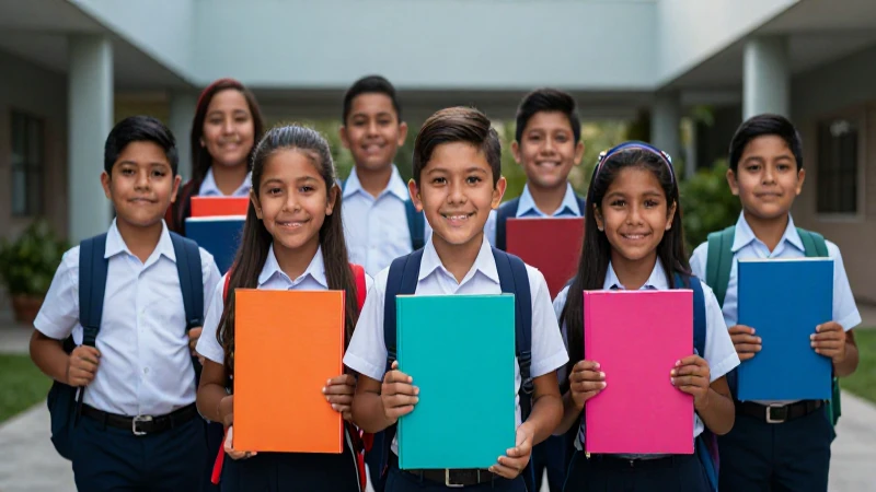 Niños mexicanos sonrientes con útiles escolares modernos