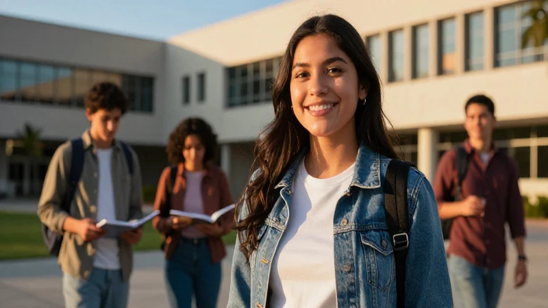 Estudiante mexicana sonriente en campus moderno