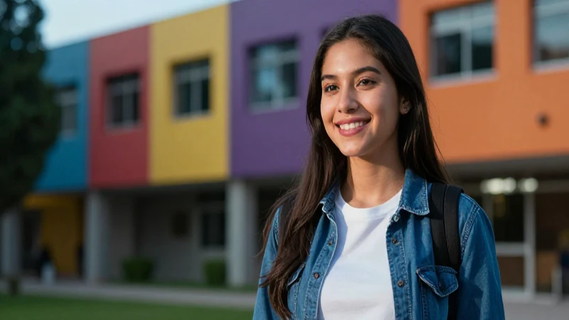 Estudiante mexicano exitoso en campus moderno