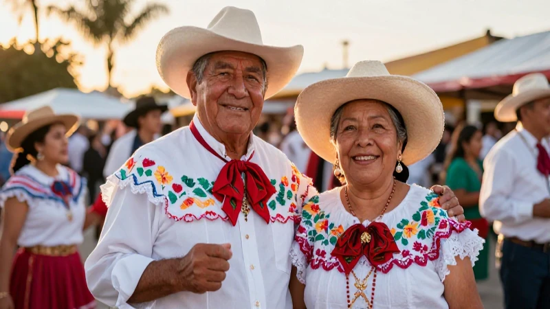 Pareja mayor mexicana celebra fiesta vibrante