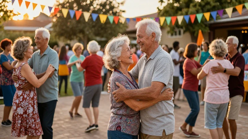 Ancianos diversos bailan festivamente al atardecer