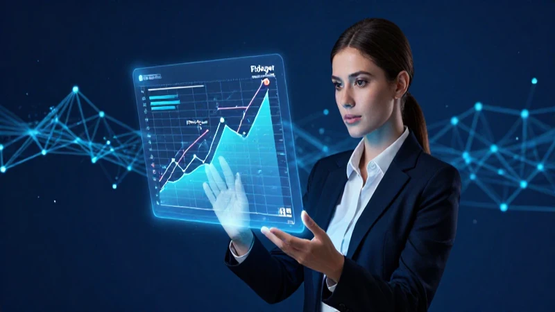 Mujer profesional visualizando crecimiento financiero con tecnología