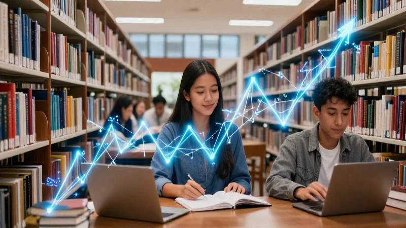 Estudiante mexicano en biblioteca con datos financieros vibrantes