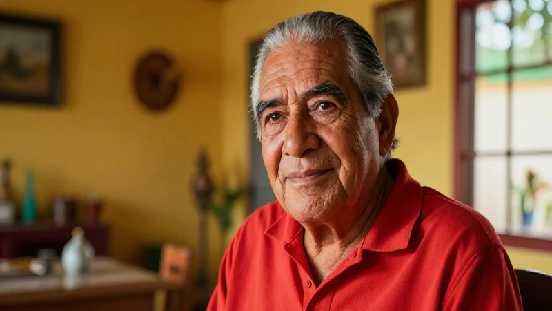 Viejo mexicano sonriente en casa, cálido y vibrante