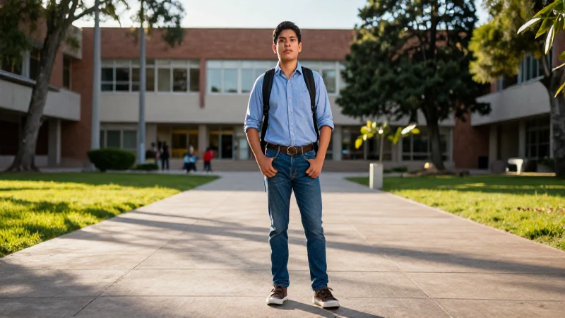 Estudiante mexicano ambicioso en campus con luz cinematográfica