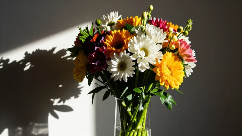 Vaso con flores vibrantes bajo luz de mañana