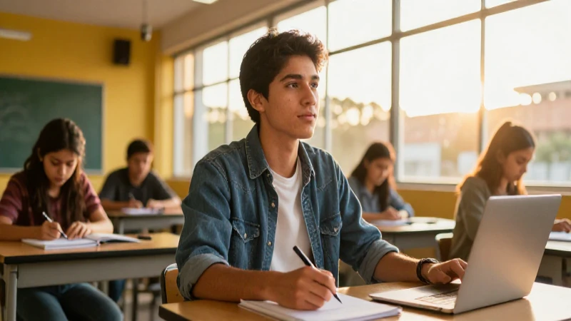 Estudiante mexicano en aula iluminado por la tarde