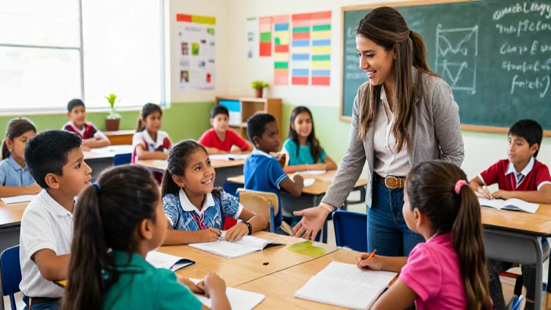 Clase mexicana vibrante con maestra y alumnos