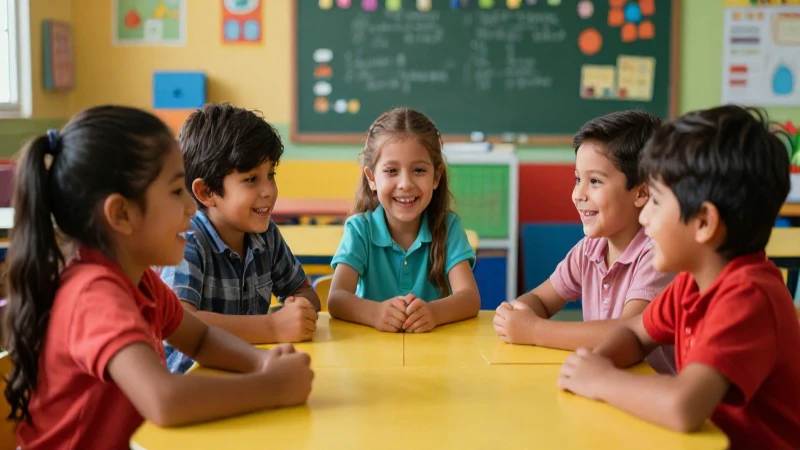 Niños mexicanos aprendiendo y sonriendo en una clase vibrante
