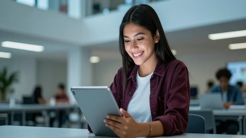 Estudiante mexicana sonriente estudiando en tablet