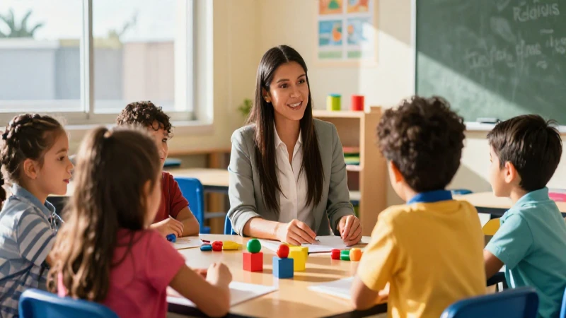 Joven maestra mexicana en aula moderna y vibrante