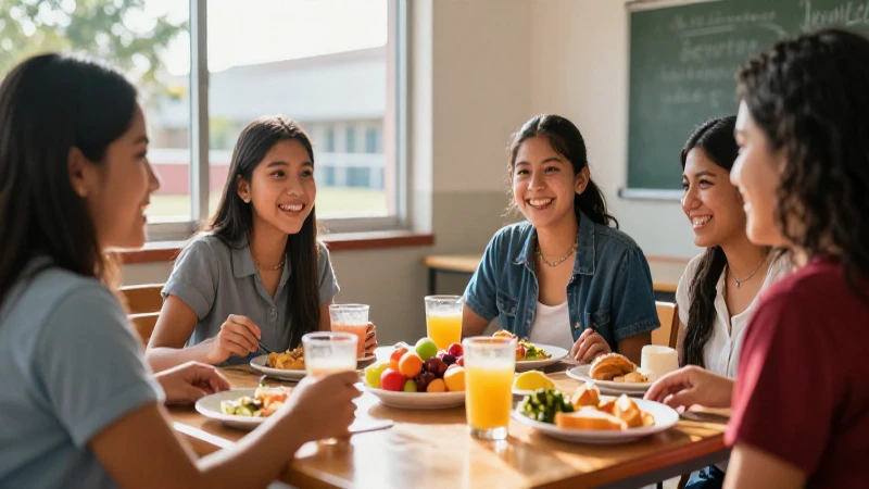 Estudiante mexicano sonríendo con desayuno y luz