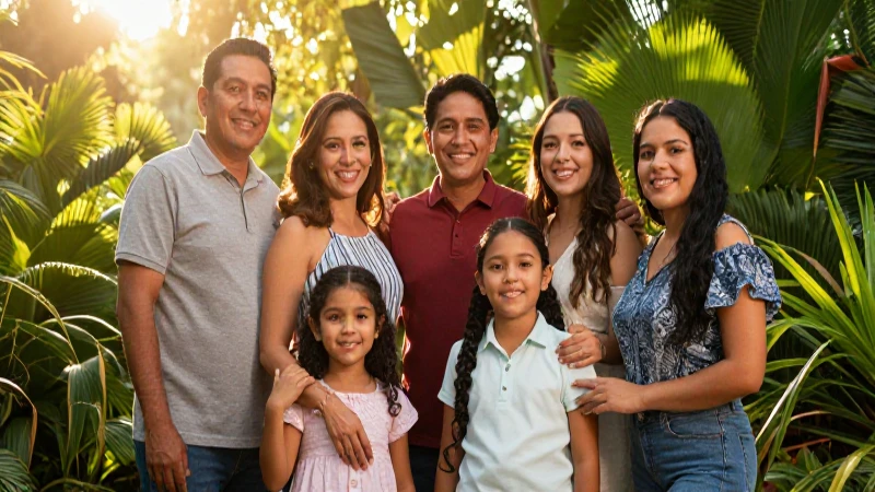 Familia mexicana unida en luz dorada y verde